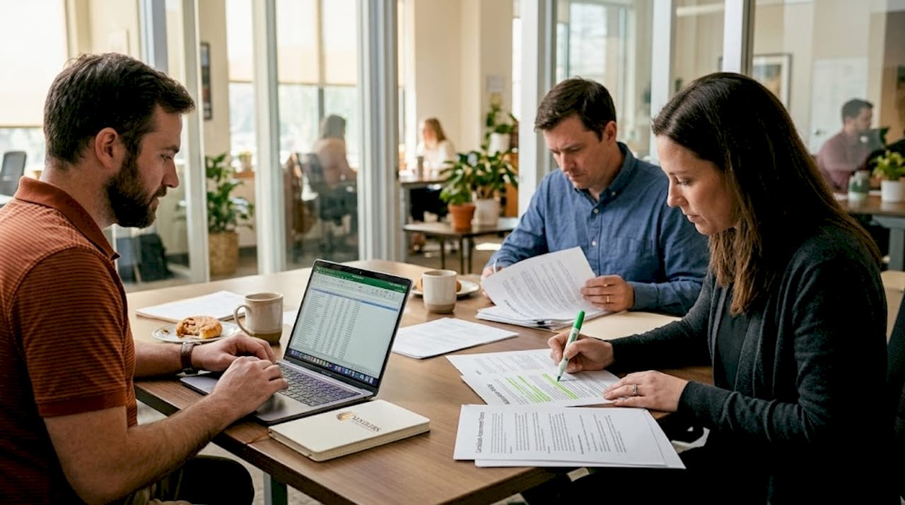 Team reviewing documents for mobility audit procedure