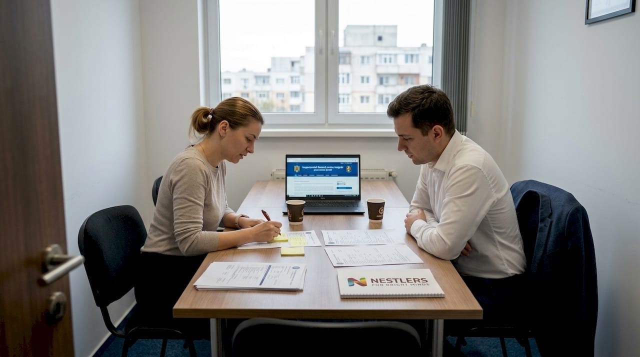HR team reviewing relocation documents in meeting room