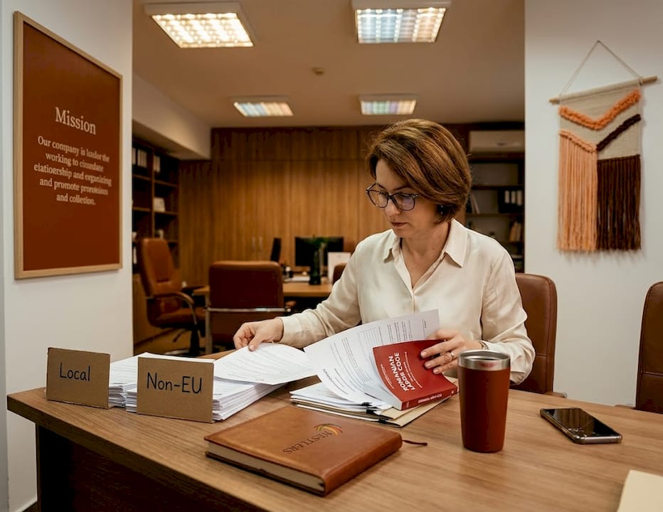 HR manager sorting hiring paperwork at desk