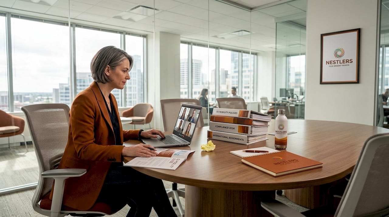 HR manager in cross-border meeting with compliance guides