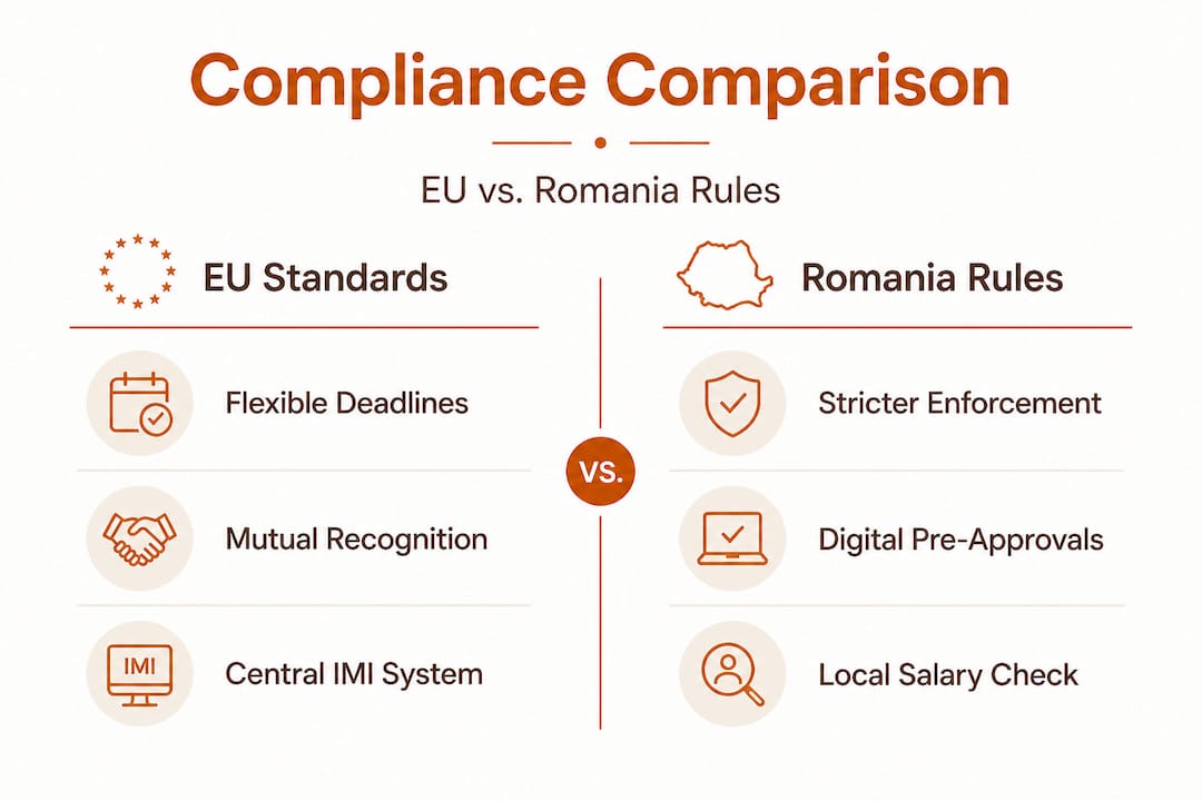 Infographic comparing EU and Romania compliance rules