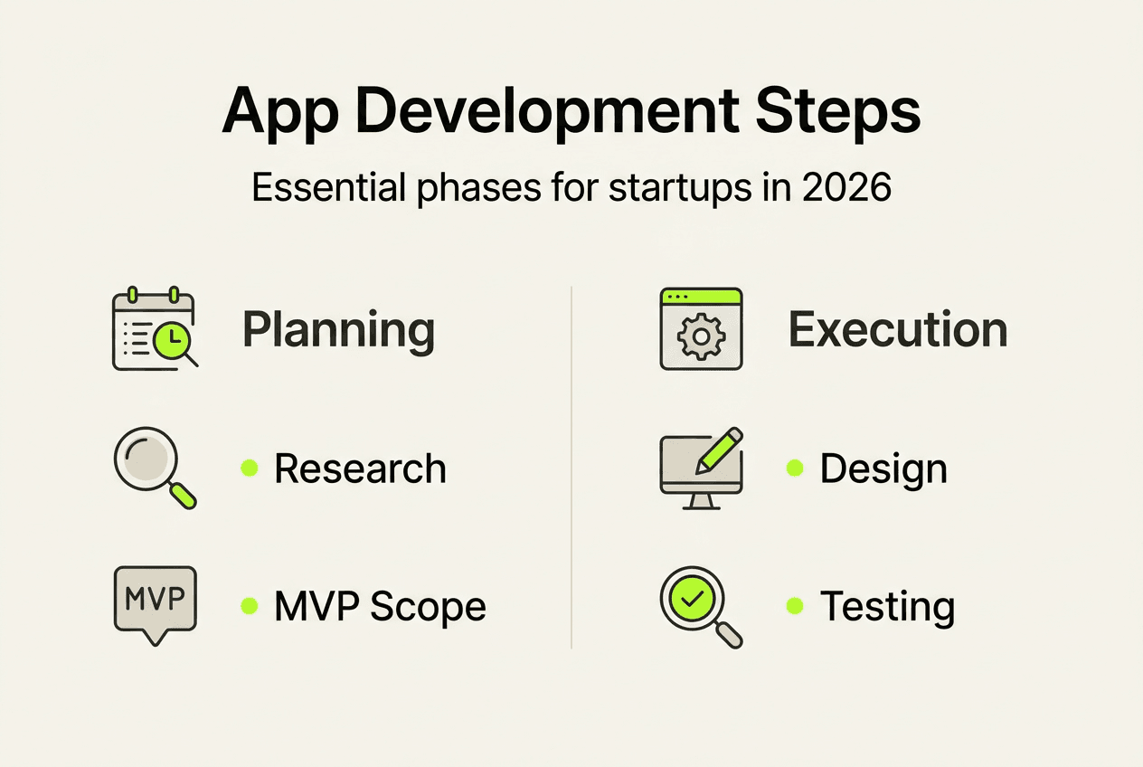 Infographic showing app development steps overview