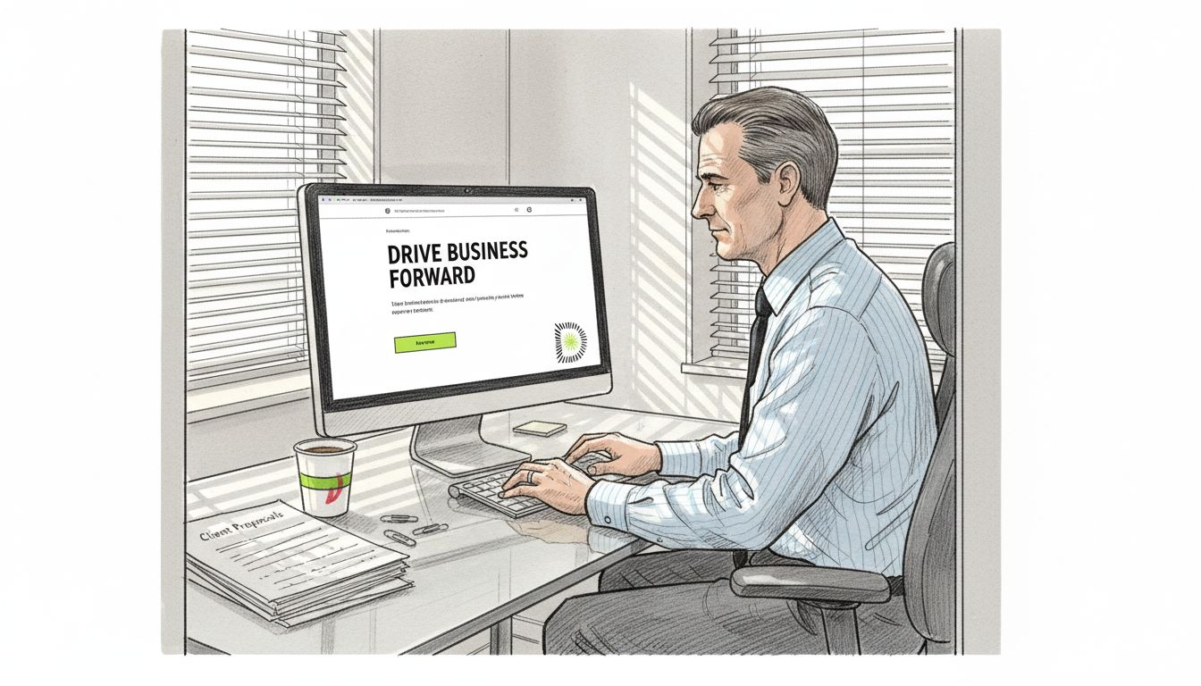 Professional reviewing B2B landing page on desktop