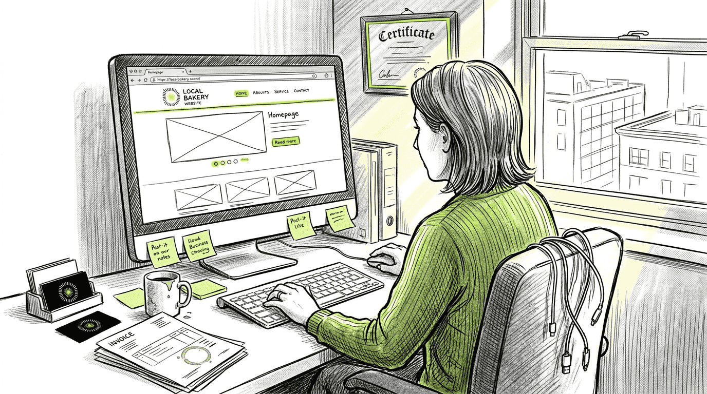 Woman building small business website in corner office