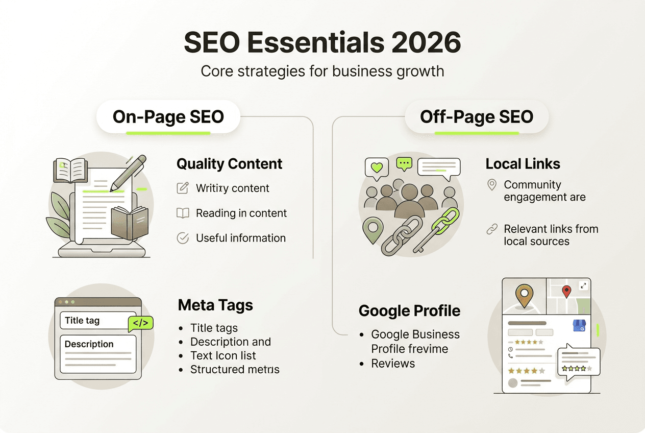 Infographic showing SEO essentials with clear categories