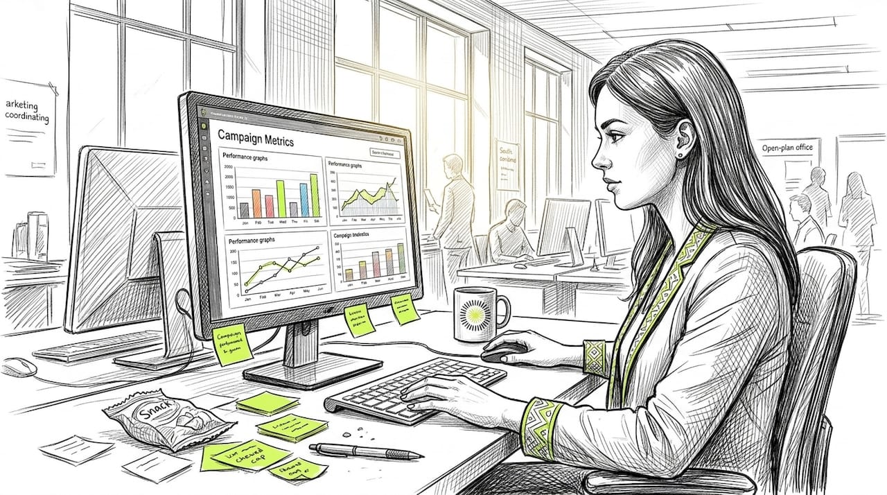 Coordinator viewing marketing dashboard in open office