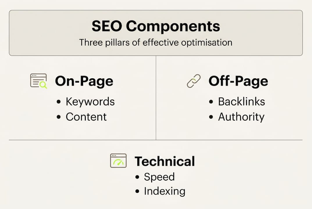 Infographic summarizing SEO pillars and factors