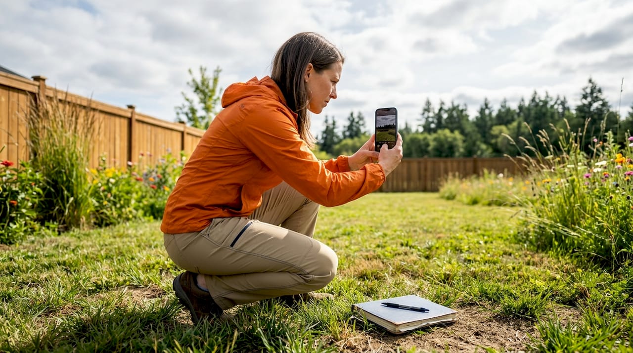 Woman photographing vacant land with smartphone