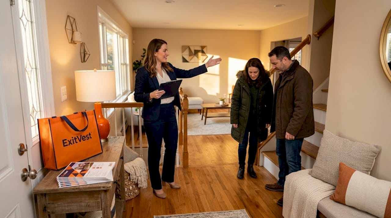 Real estate agent showing home interior to couple