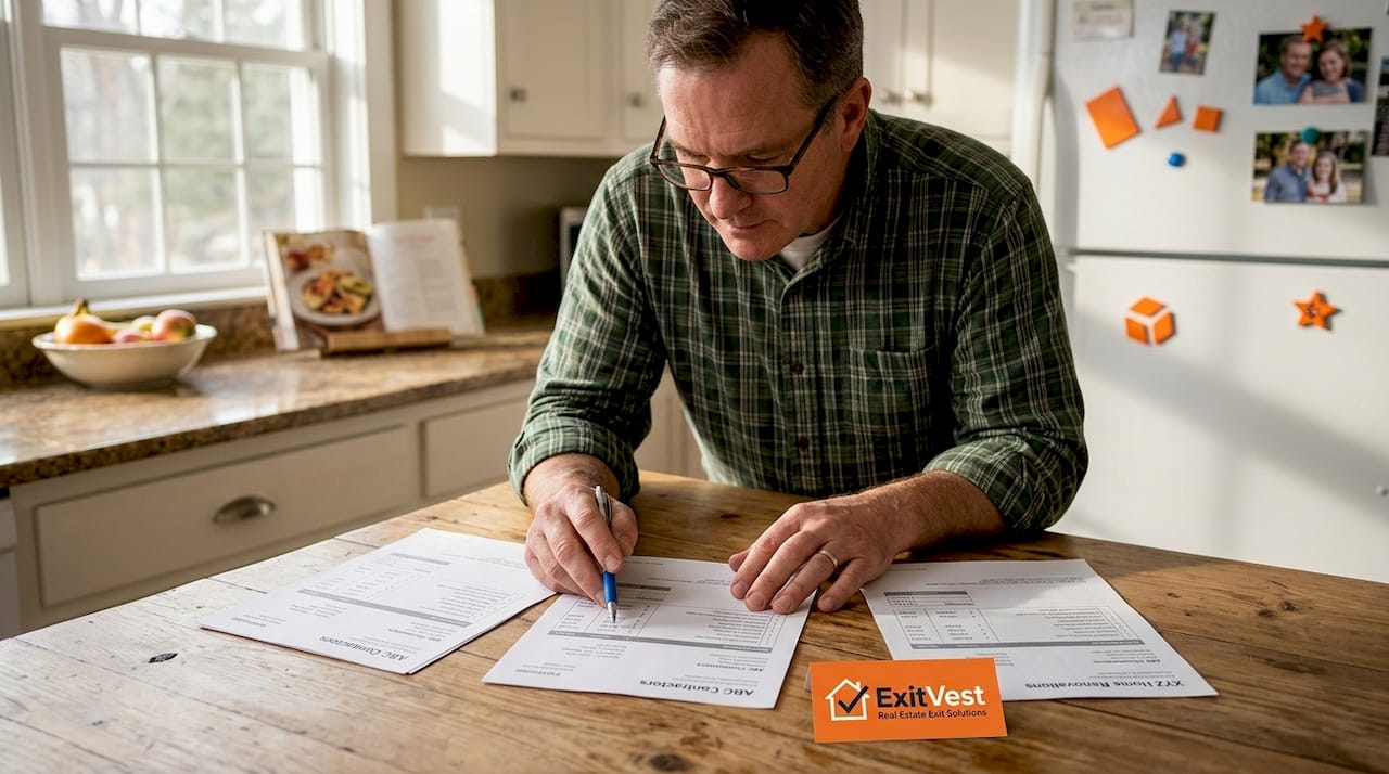Man reviewing repair quotes at kitchen table