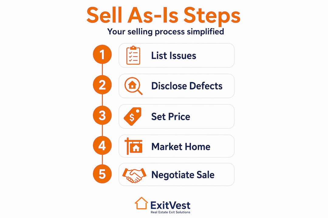 Infographic showing five steps to sell as-is