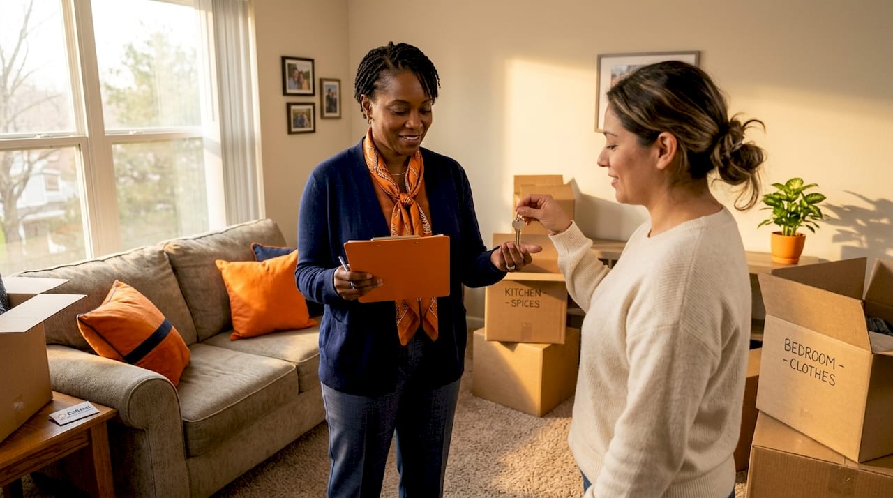 Tenant hands keys during apartment walkthrough