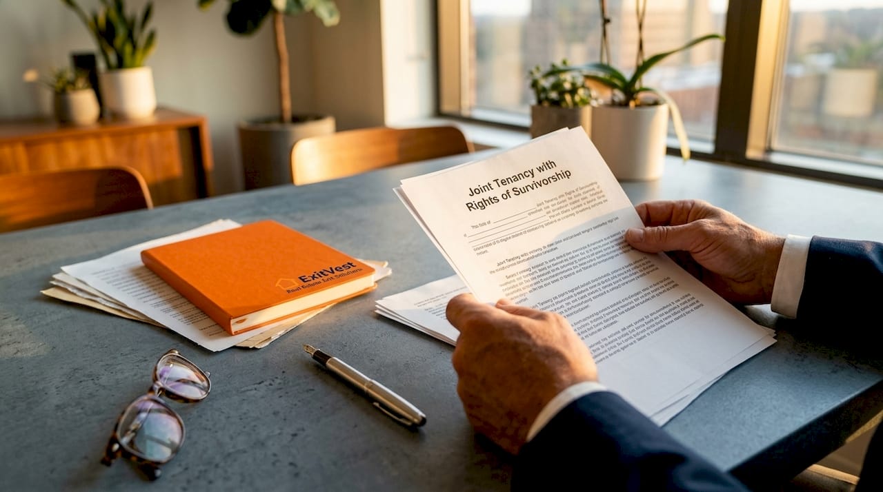 Close-up of hands holding joint tenancy legal papers