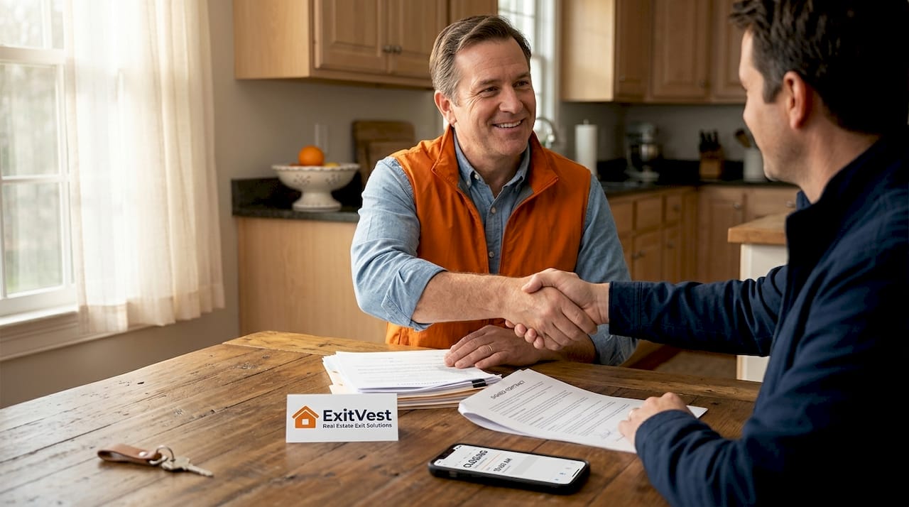 Seller and cash buyer completing home sale agreement