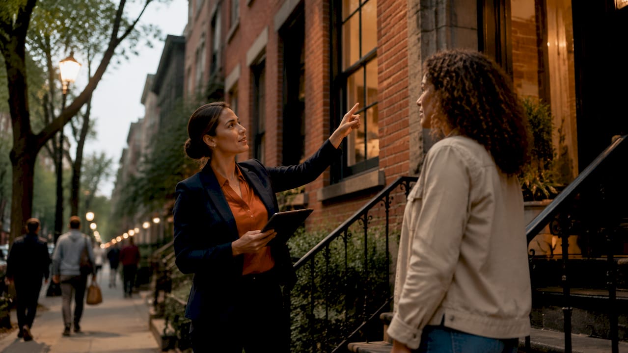 Agent and buyer evaluating house exterior outdoors