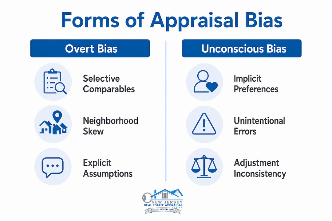 Infographic comparing overt and unconscious appraisal bias types