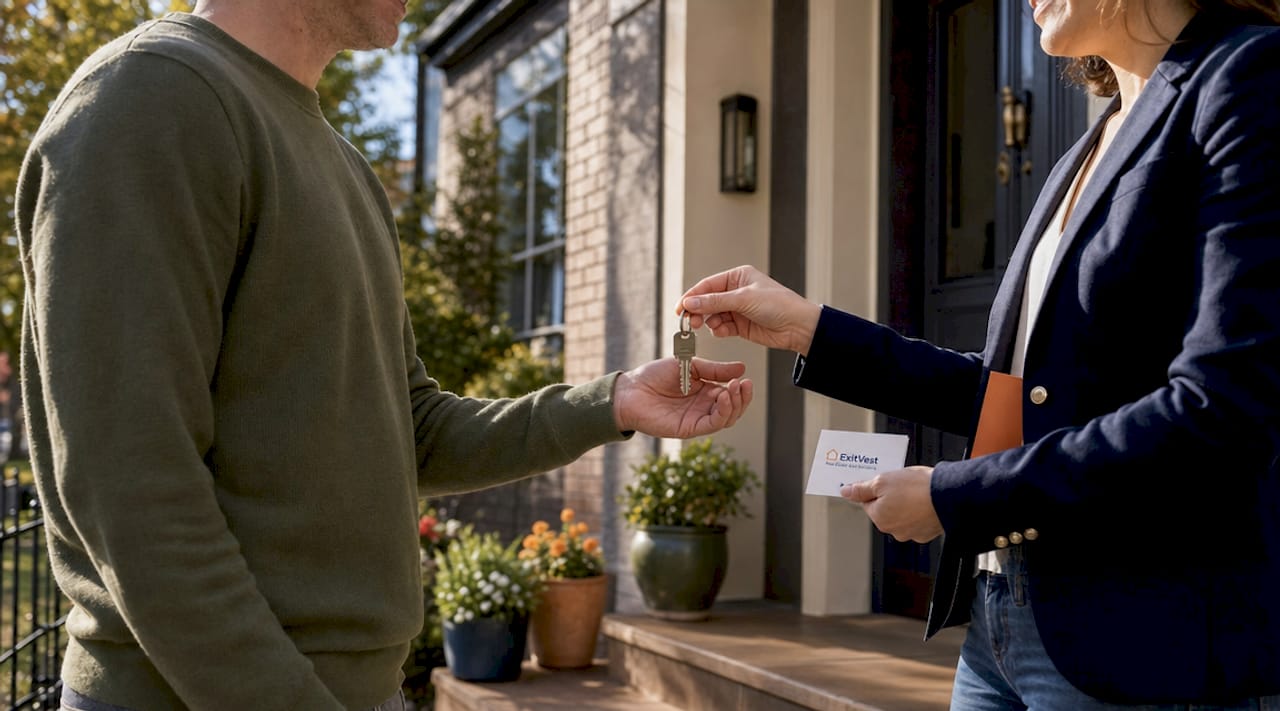 Hands exchanging house keys at estate entrance