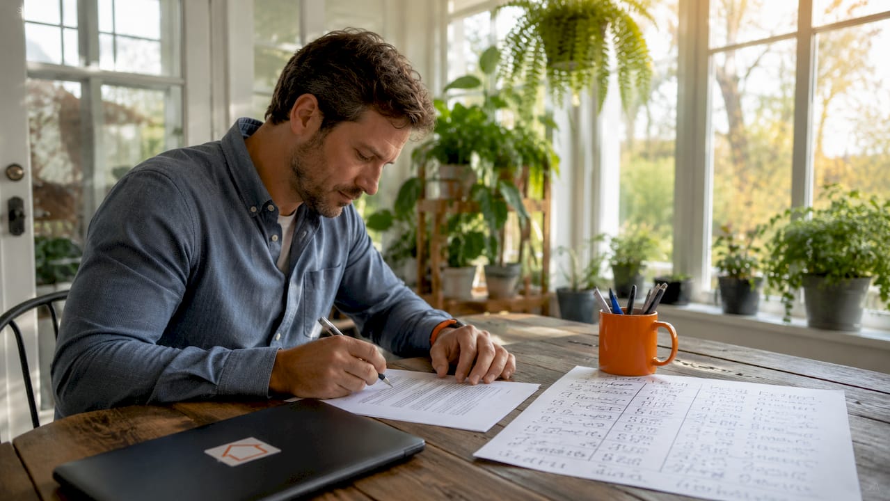 Homeowner preparing FSBO marketing materials on laptop