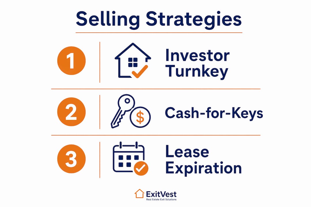 Infographic summarizing three tenant-occupied rental sale strategies