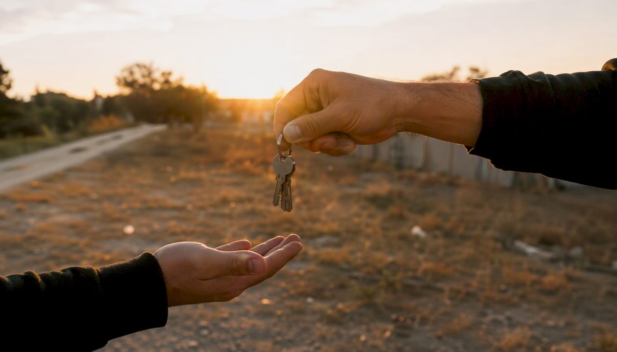 Man handing over keys on vacant land