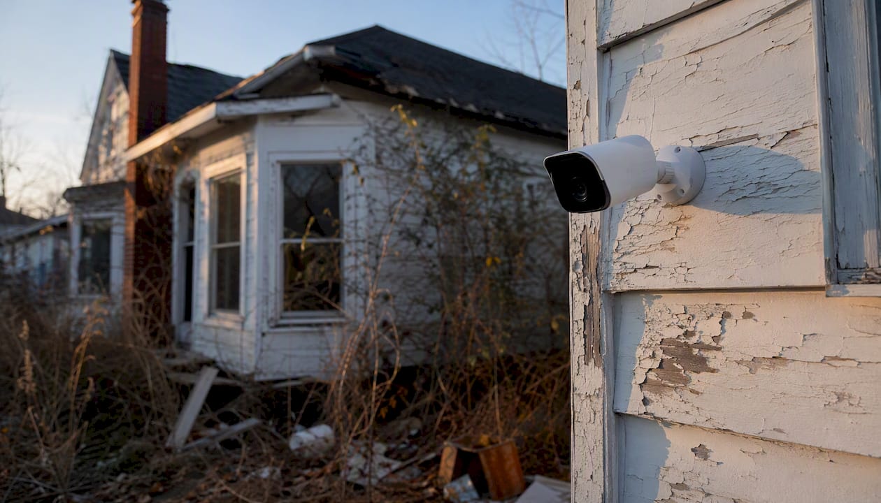 Security camera on vacant house exterior
