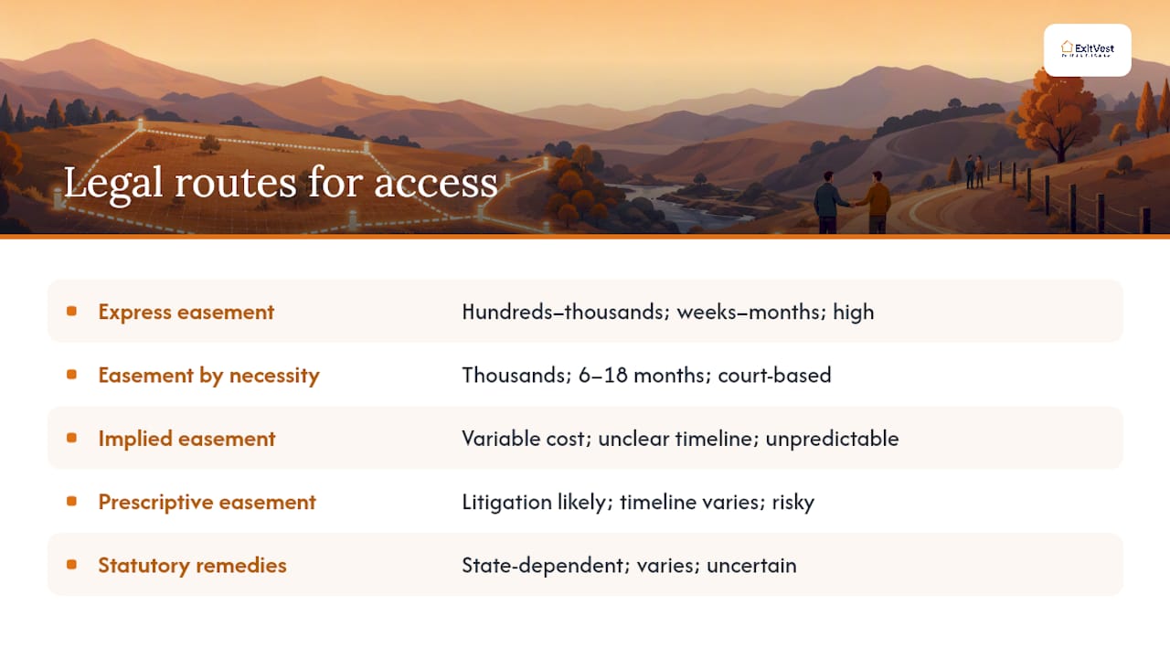 Diagram comparing five legal access routes for landlocked land
