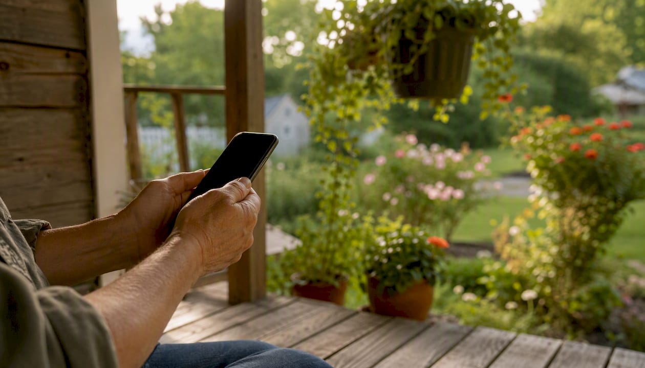 Homeowner calling mortgage servicer from porch