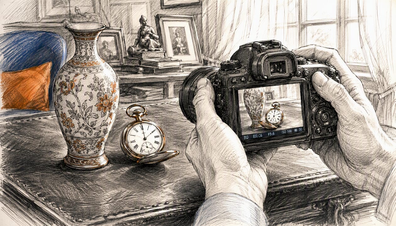 Hands photographing vintage watch and artwork