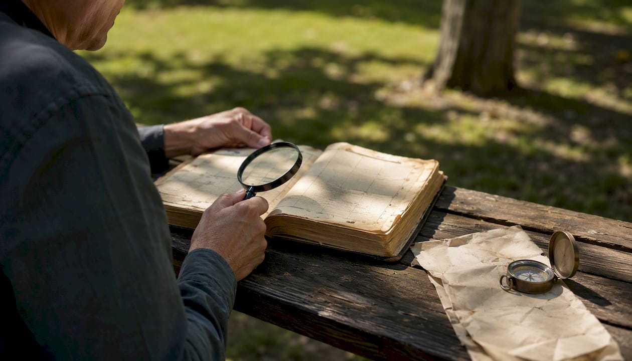 Hands examining county land sales ledger with magnifier