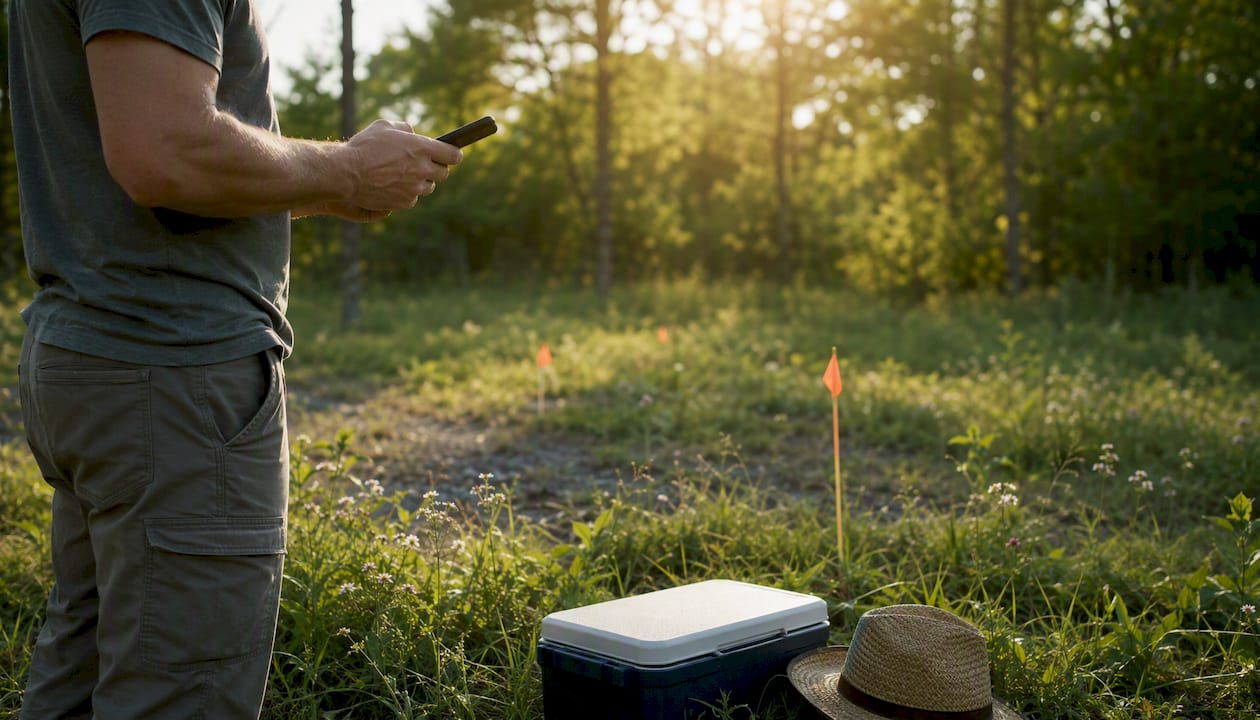 Person using smartphone on land parcel edge