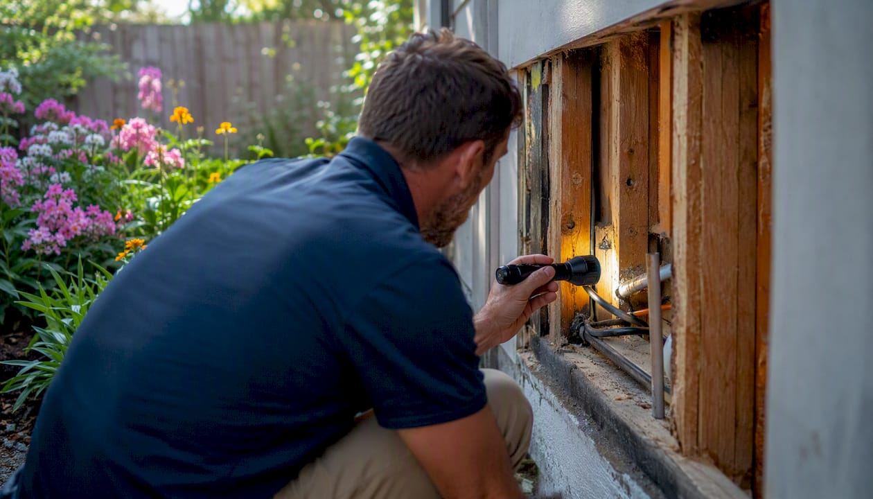 Building inspector inspecting exposed wall framing