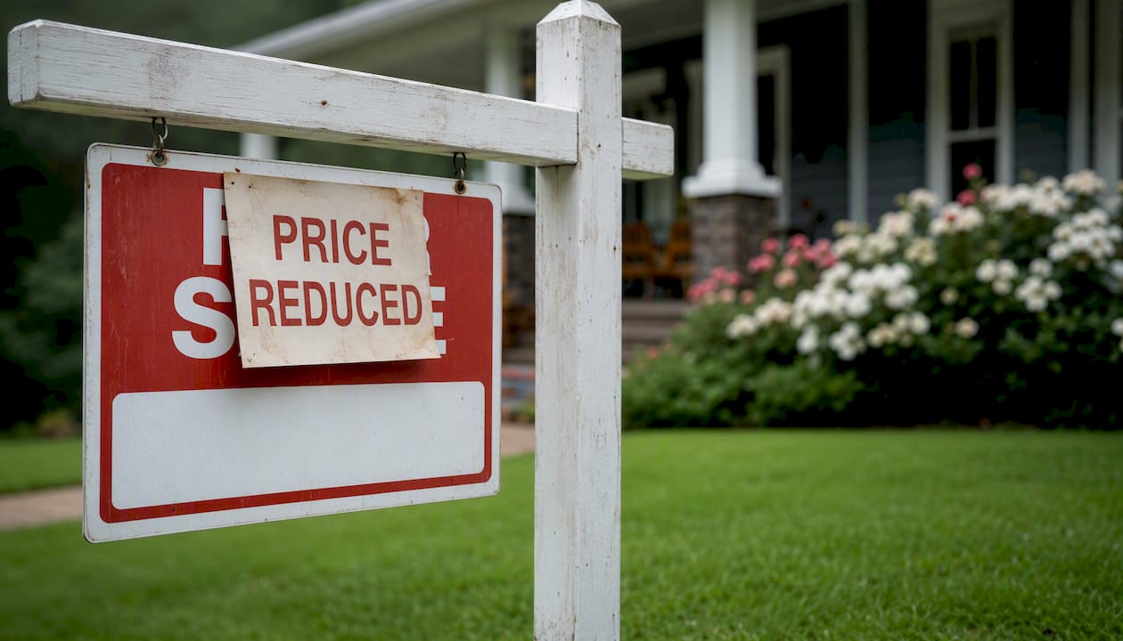 For sale sign showing price reduction in yard