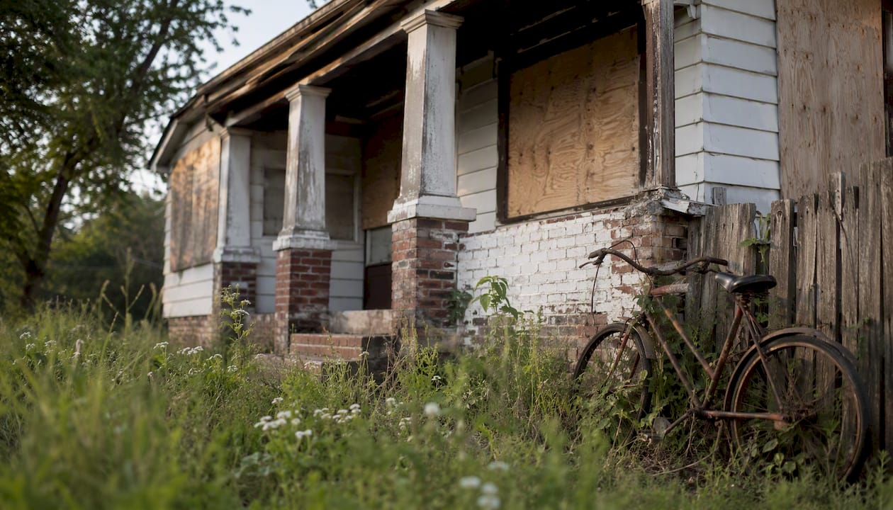 Distressed suburban house exterior
