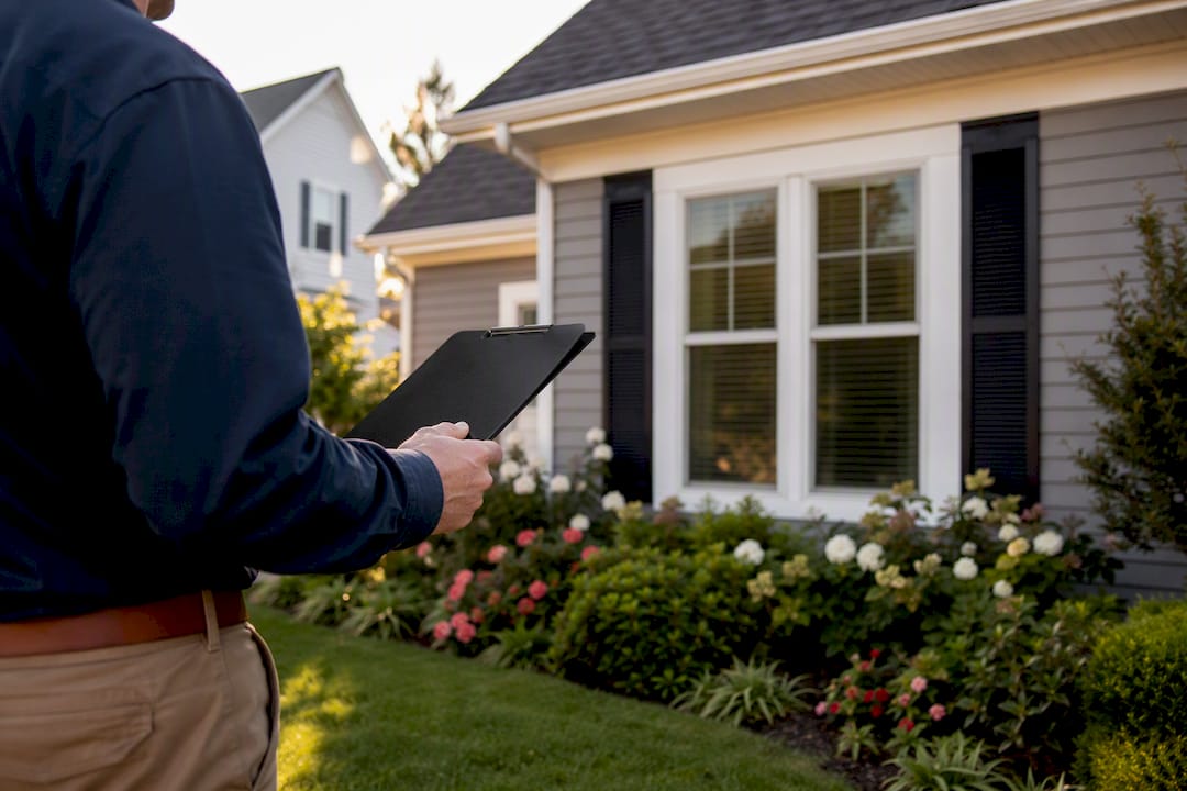 Cash buyer inspecting house exterior