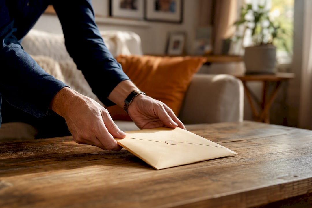Hands placing escrow envelope on office desk