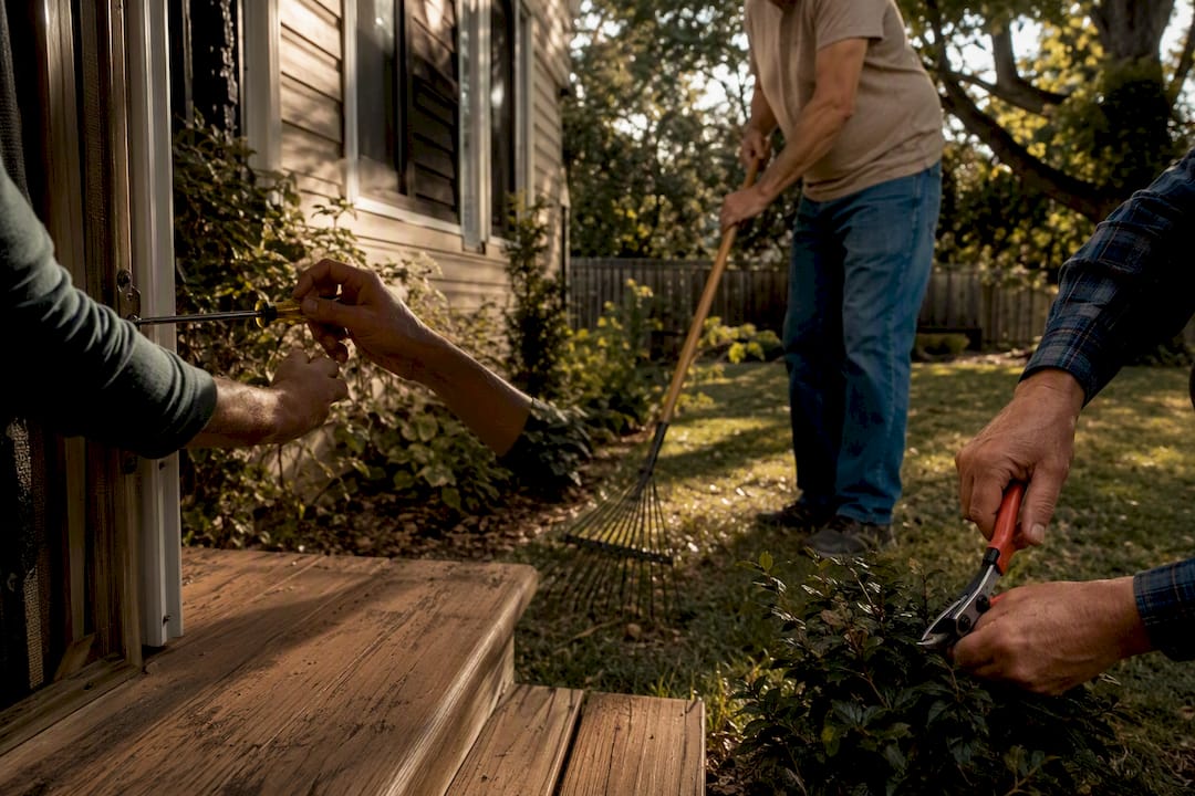 Hands repairing backyard and garden tools