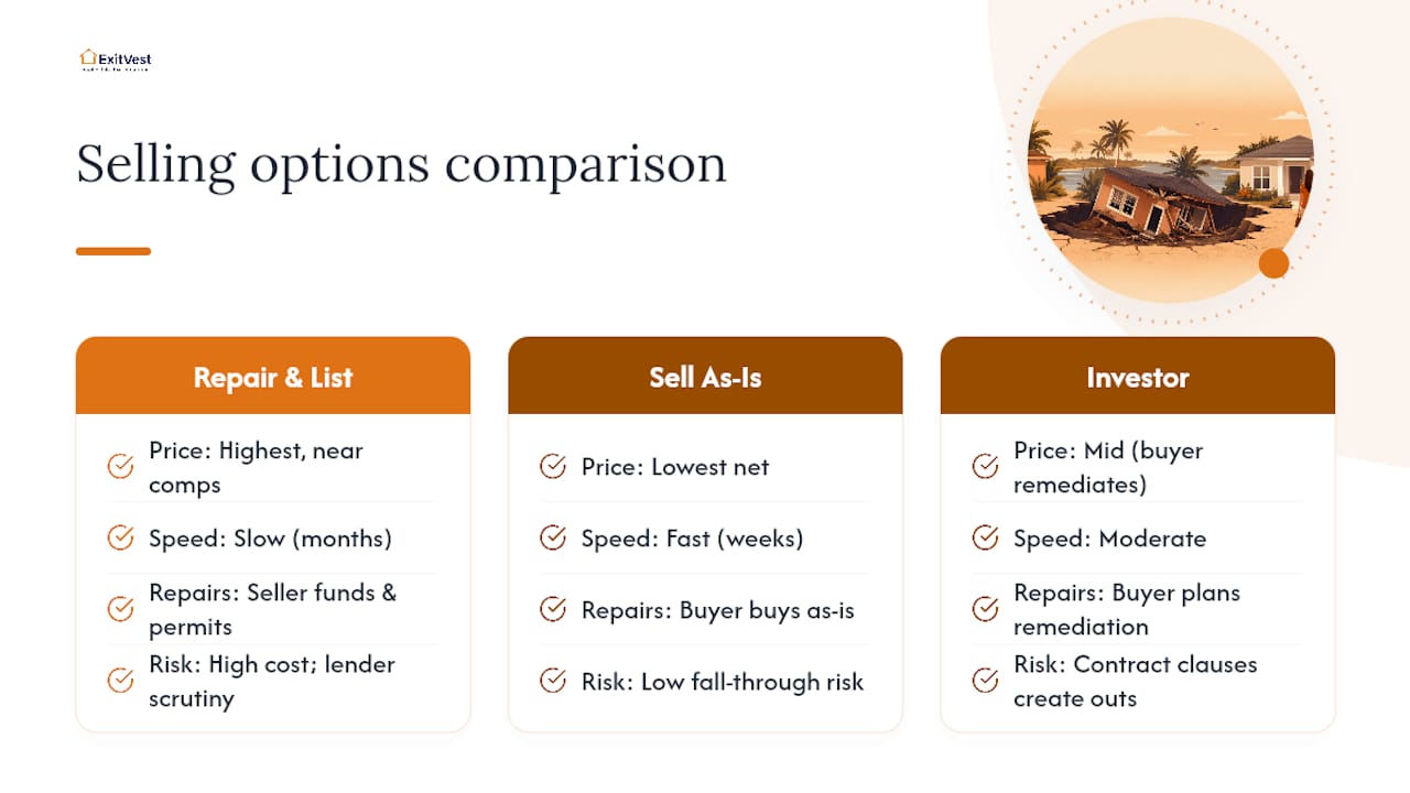 Comparison chart of sinkhole house selling options