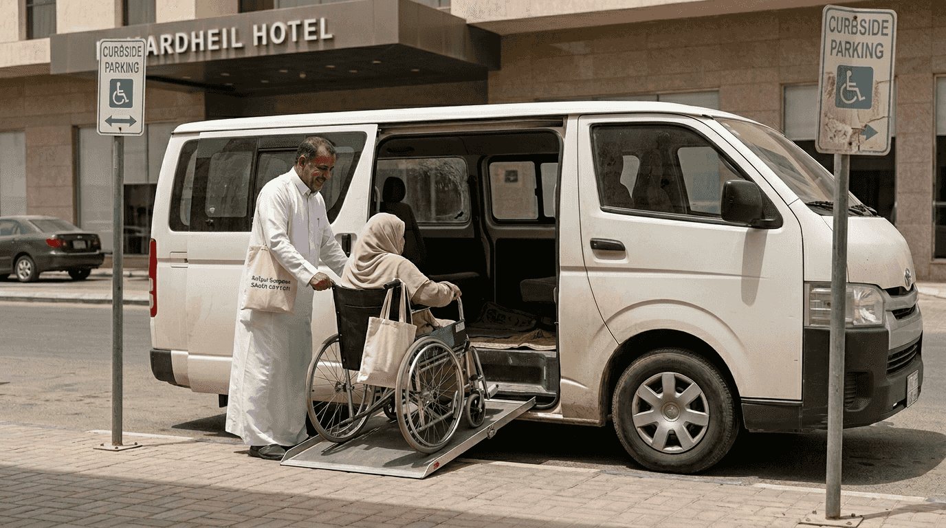 Driver assists elderly woman into accessible minivan