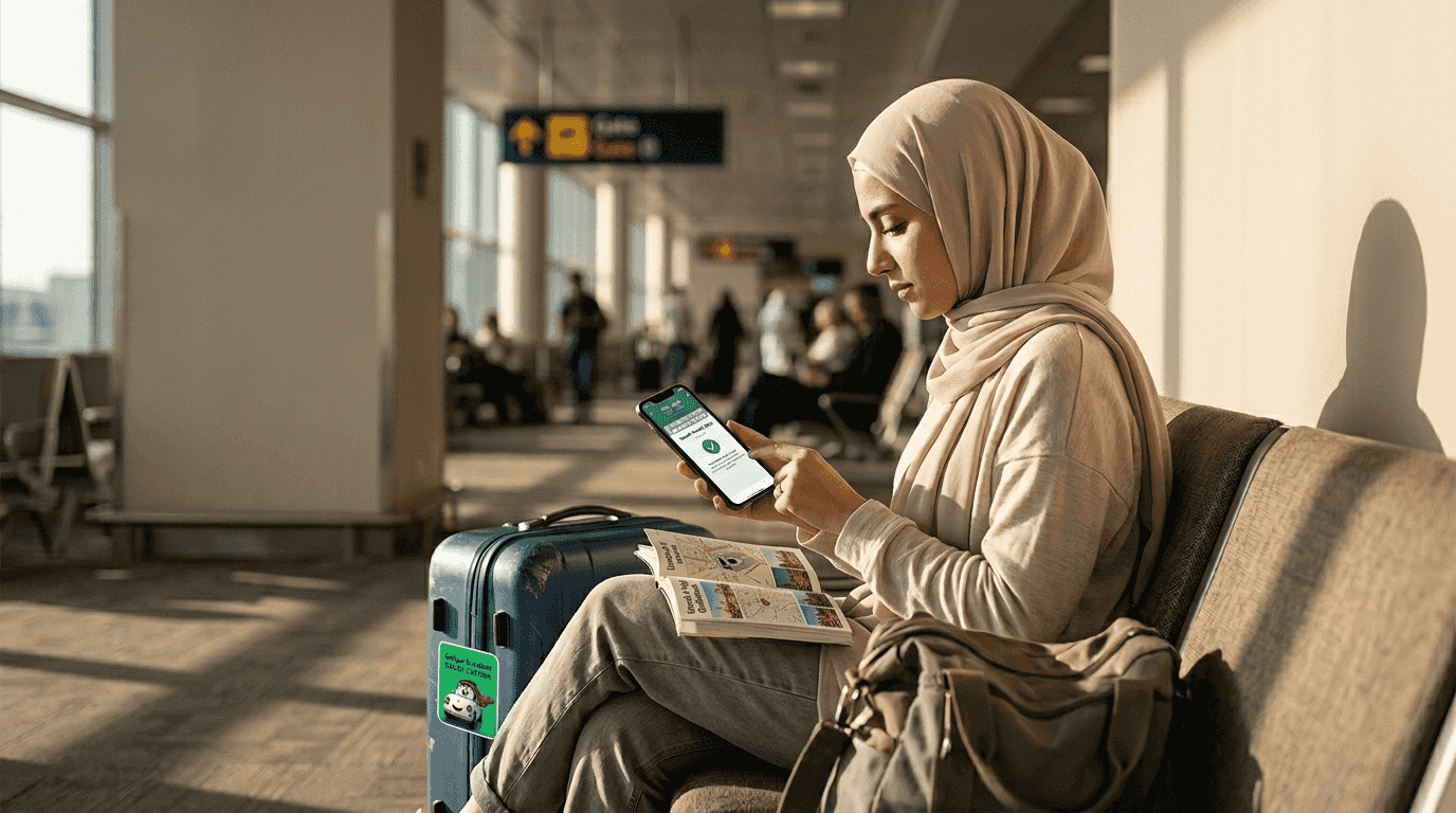 Traveler reviewing Umrah permit on Nusuk app