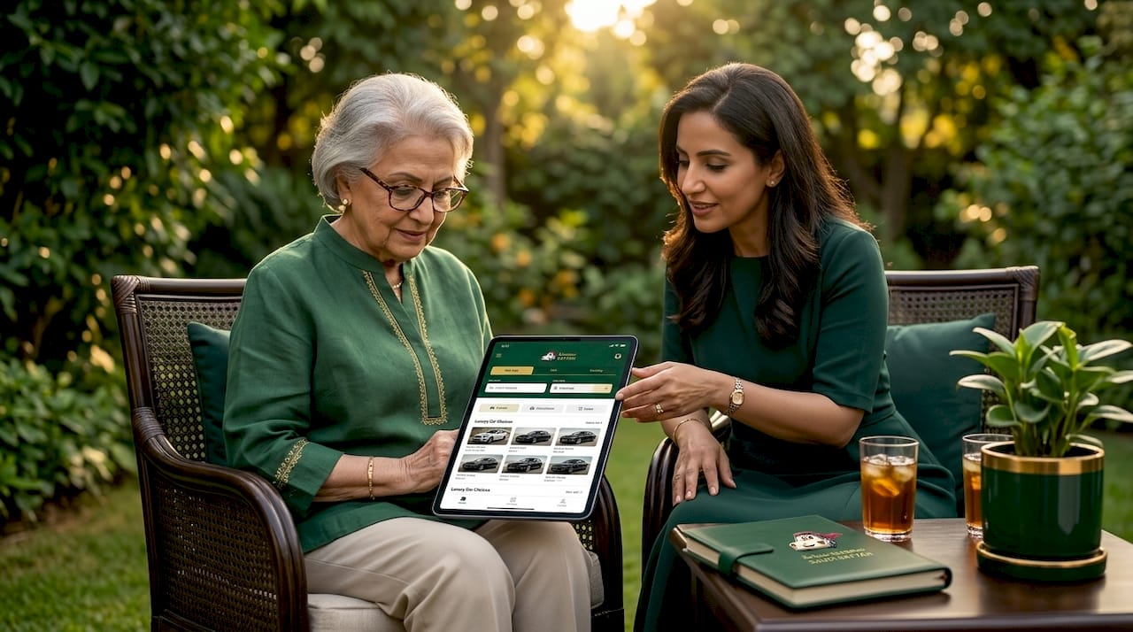 Elderly woman getting travel app help from daughter