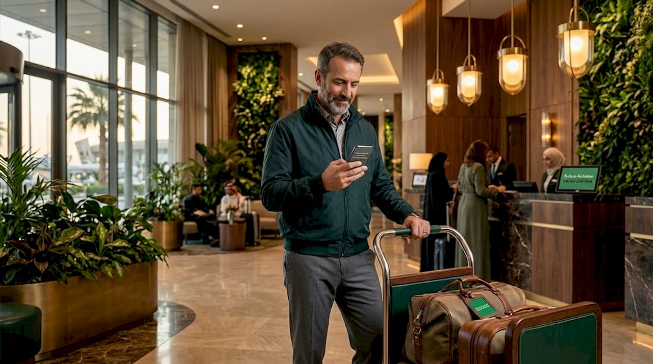 Traveler checking Umrah transport details at airport