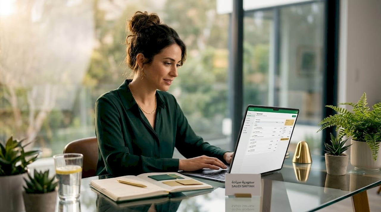Office worker reviews automated expense system