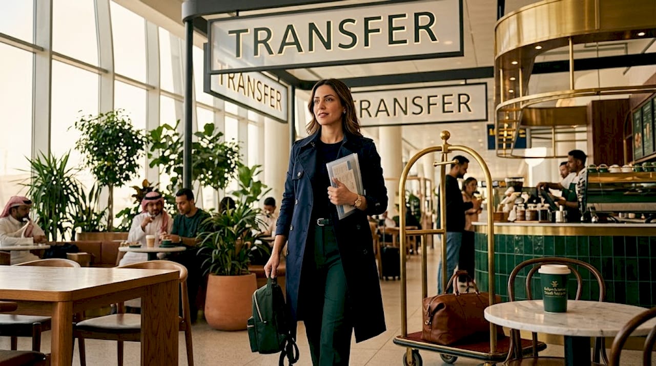 Passenger walking past airport transfer signs