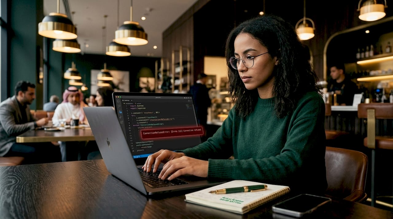 Engineer debugging TCP code at workspace