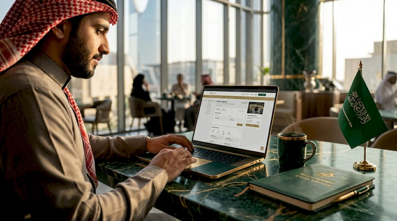 Man using Saudi Nusuk platform on laptop in home office