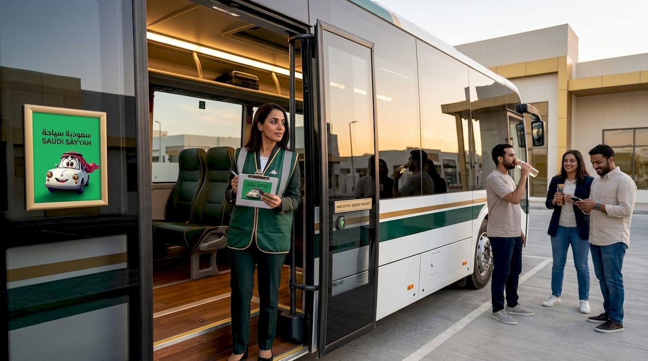 Group leader inspecting pilgrimage transport vehicle