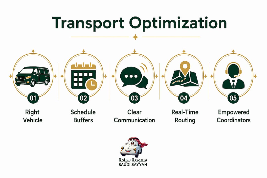 Infographic illustrating key pilgrimage transport optimization steps