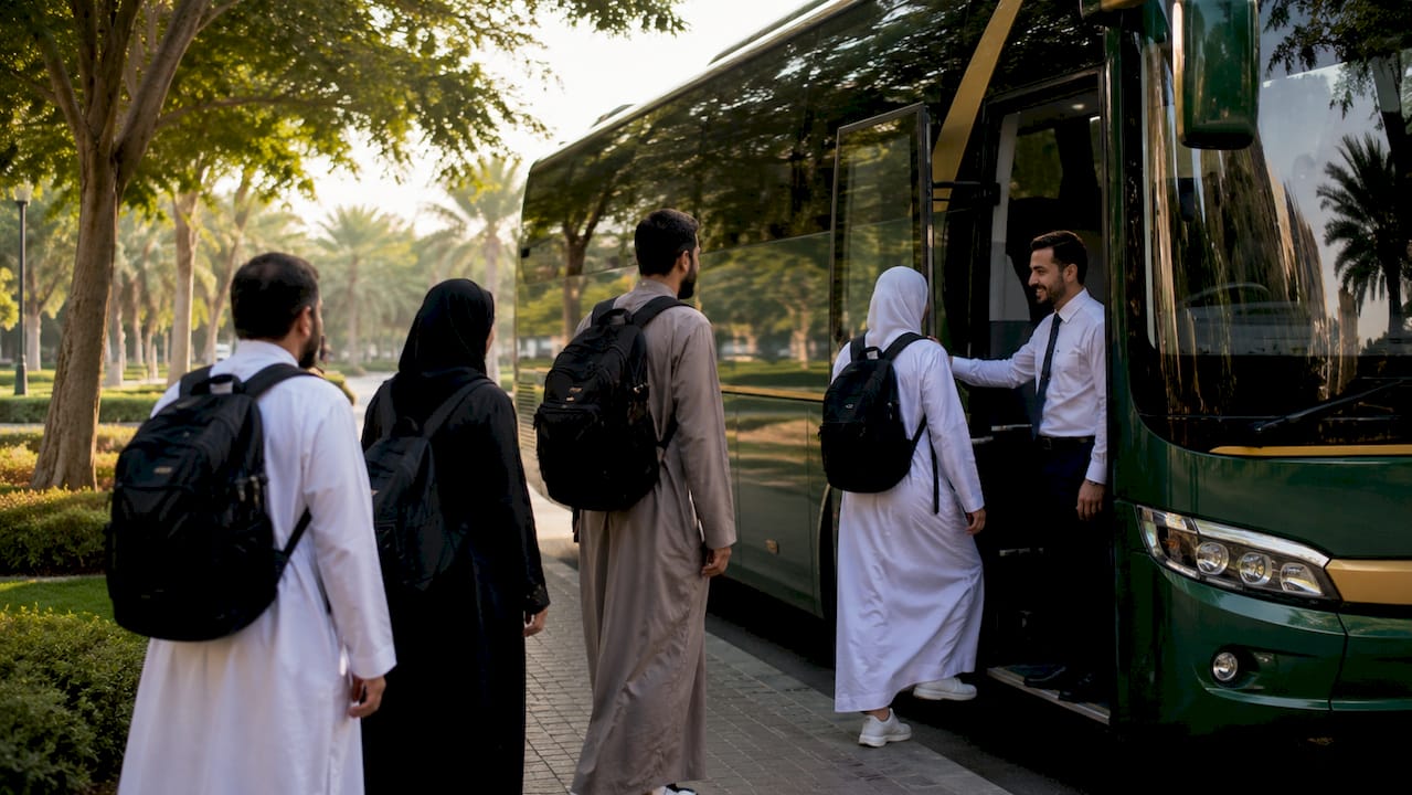 Pilgrim group boarding transport bus