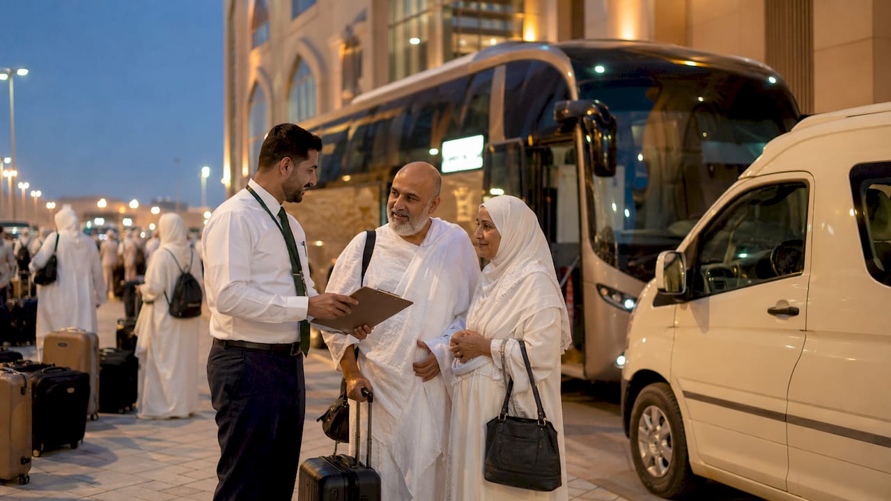 Pilgrims lining up for ground transport outside terminal