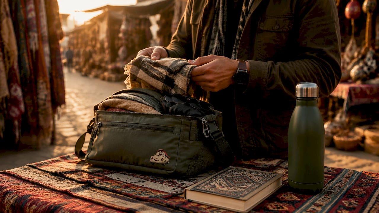 Traveler packing lightweight scarf in day bag.